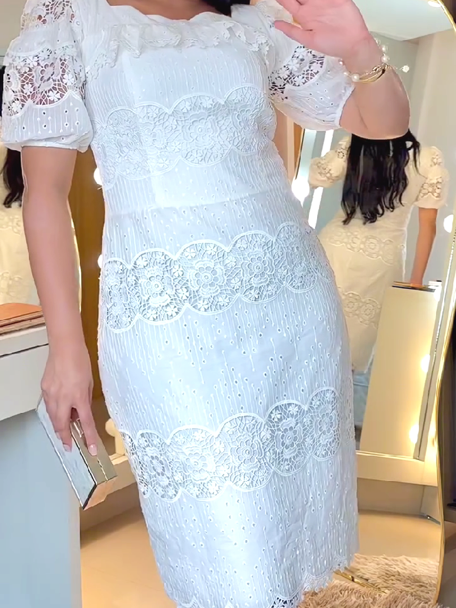 White Lace Print Short Sleeve Midi Dress