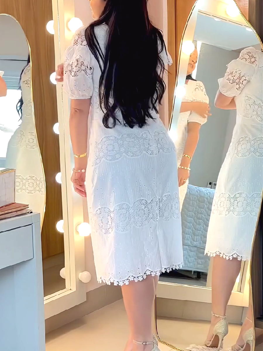 White Lace Print Short Sleeve Midi Dress