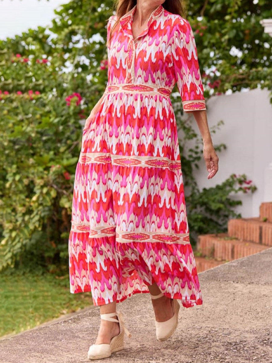 Blue Printed V-Neck Half Sleeve Dress