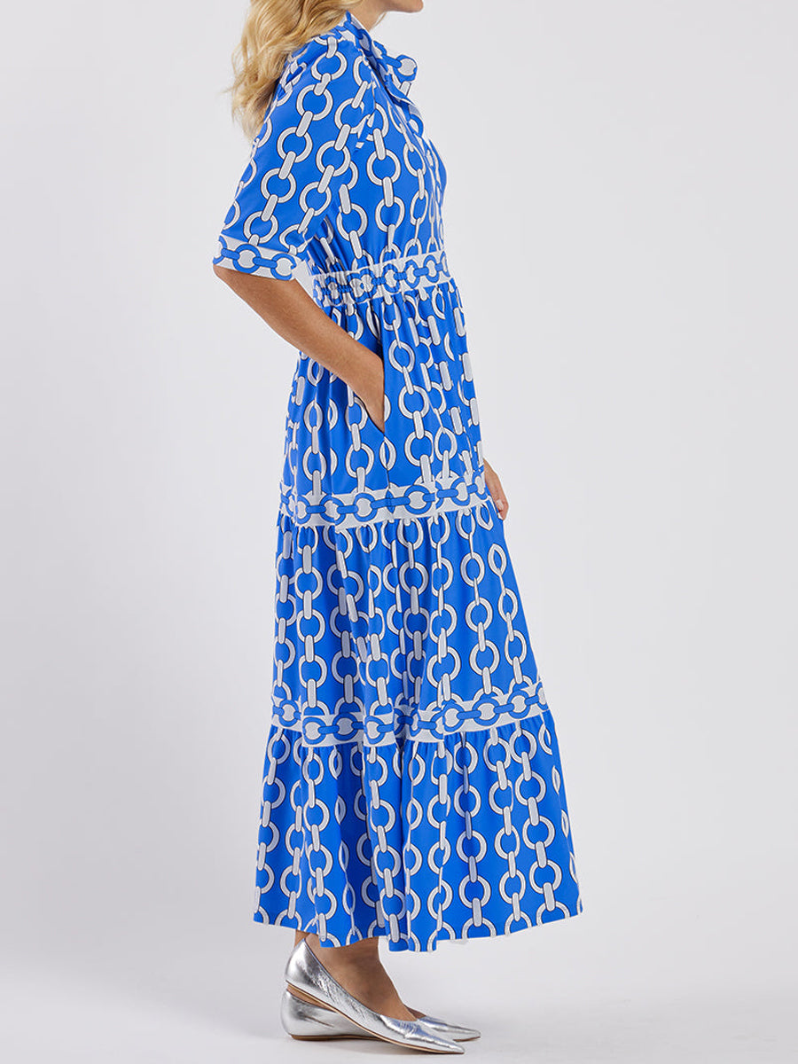 Blue Printed V-Neck Half Sleeve Dress