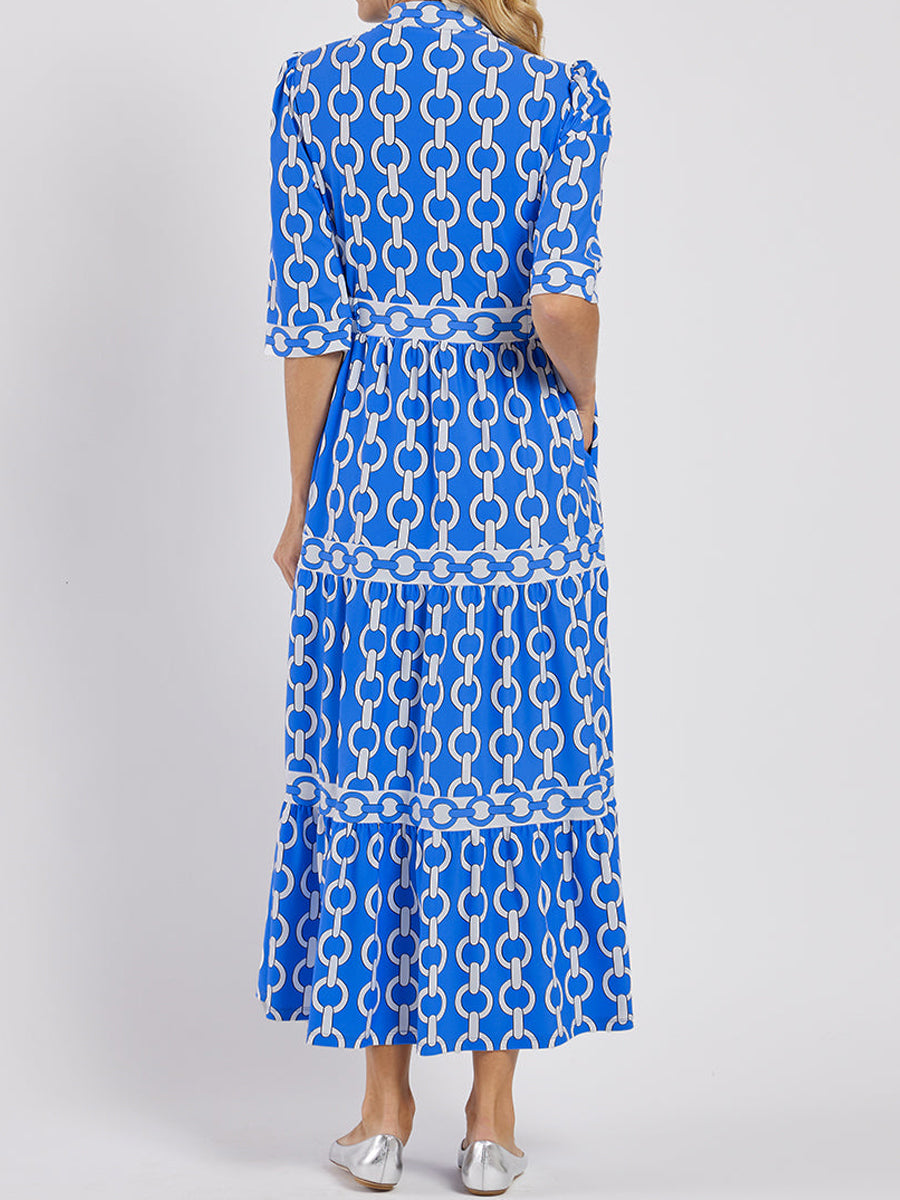 Blue Printed V-Neck Half Sleeve Dress