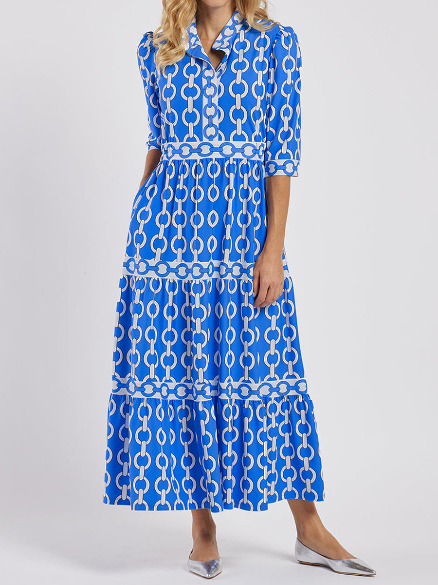 Blue Printed V-Neck Half Sleeve Dress