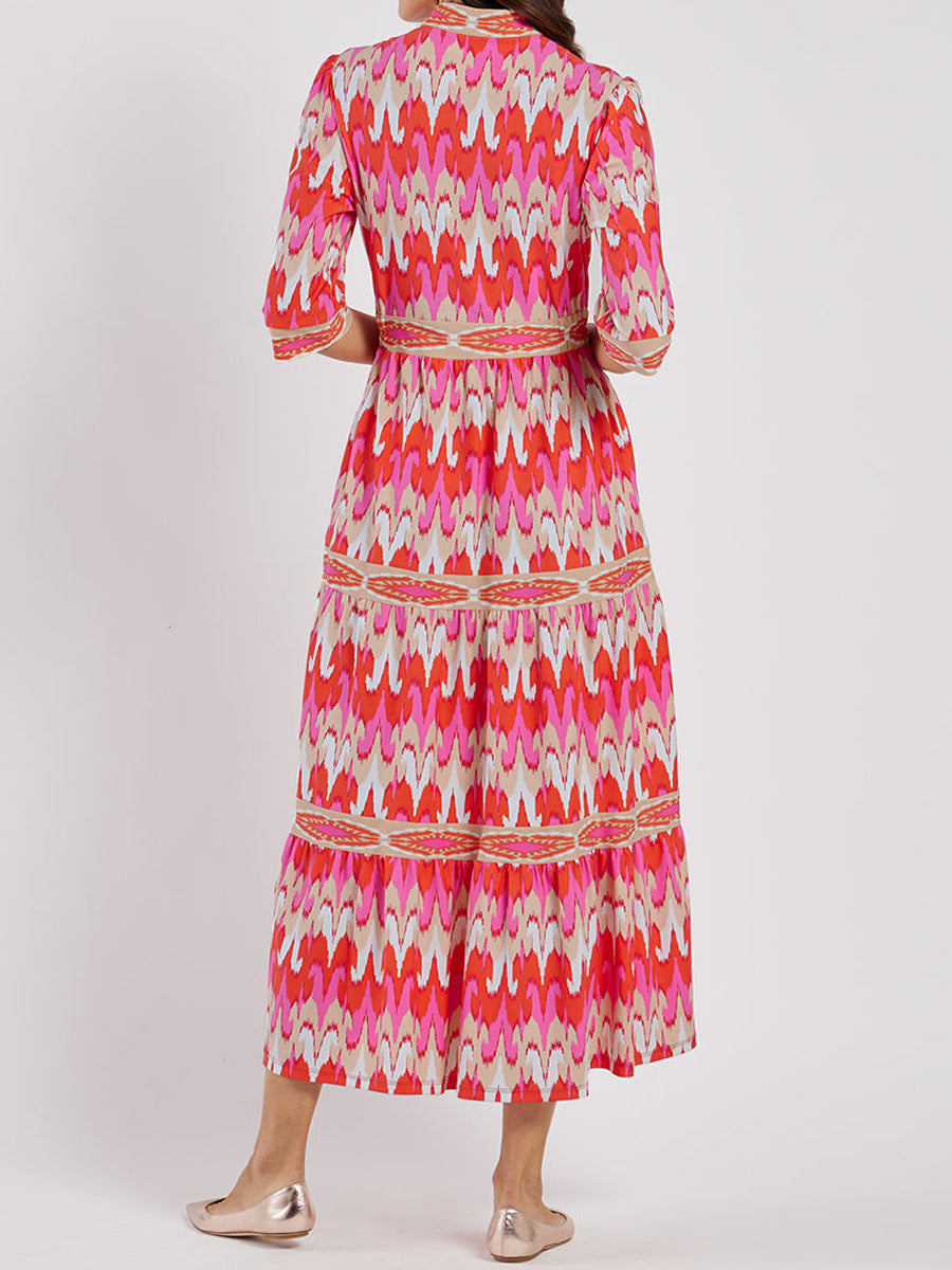 Blue Printed V-Neck Half Sleeve Dress