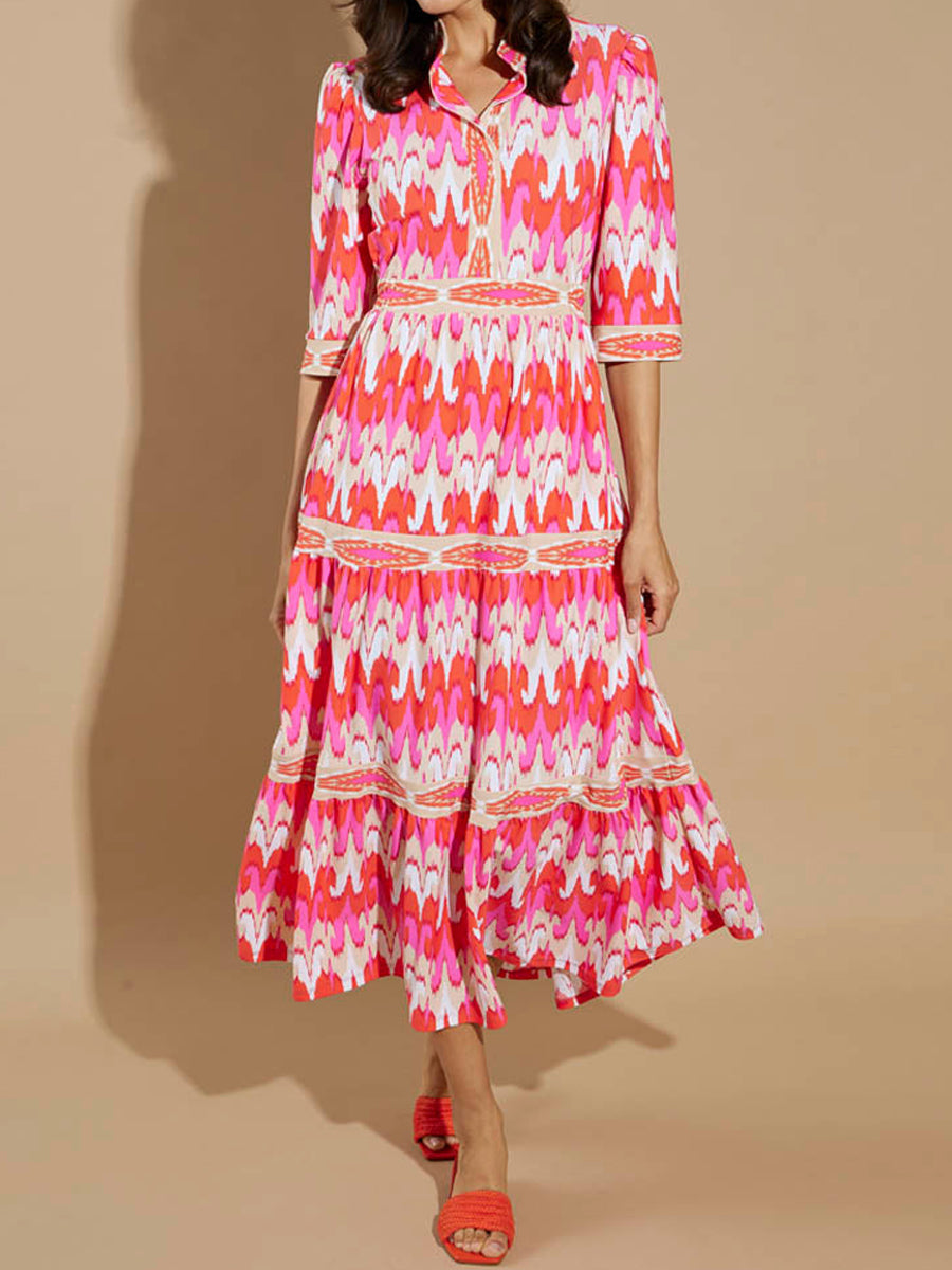 Blue Printed V-Neck Half Sleeve Dress