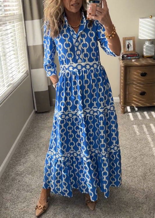 Blue Printed V-Neck Half Sleeve Dress