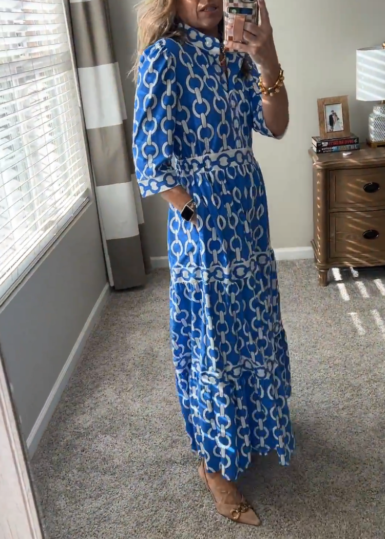 Blue Printed V-Neck Half Sleeve Dress