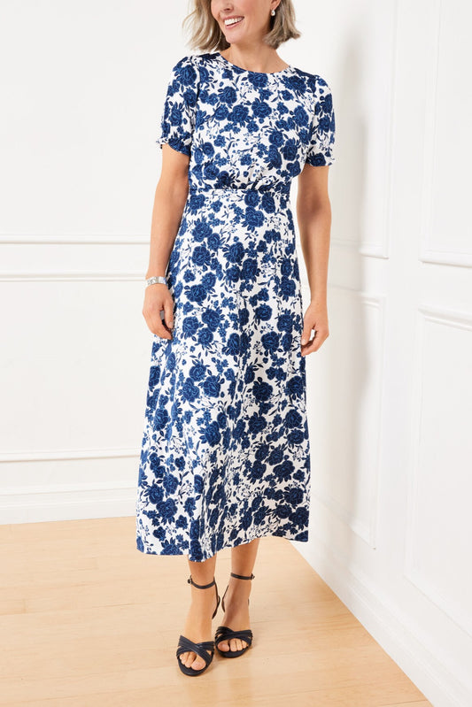 Dark Blue Rose Satin Midi Dress