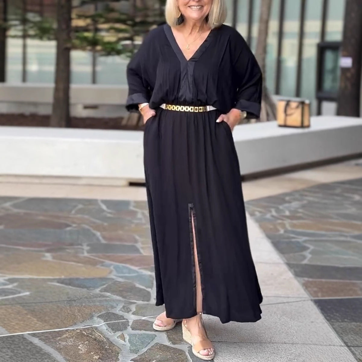 V-Neck Casual Loose Pocket Slit Maxi Dress