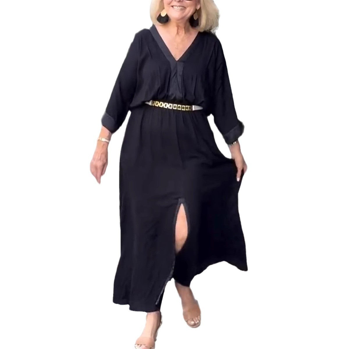 V-Neck Casual Loose Pocket Slit Maxi Dress