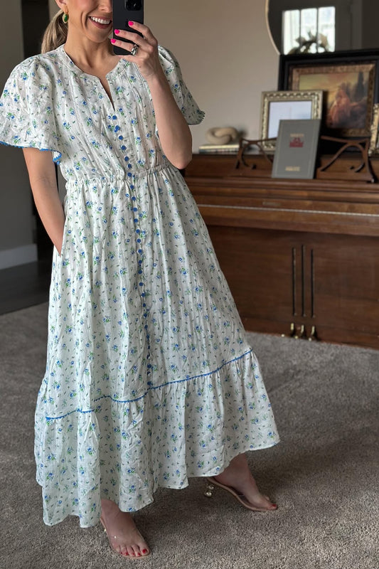 Baltic Blue And Green Florals Cotton-blend Midi Dress