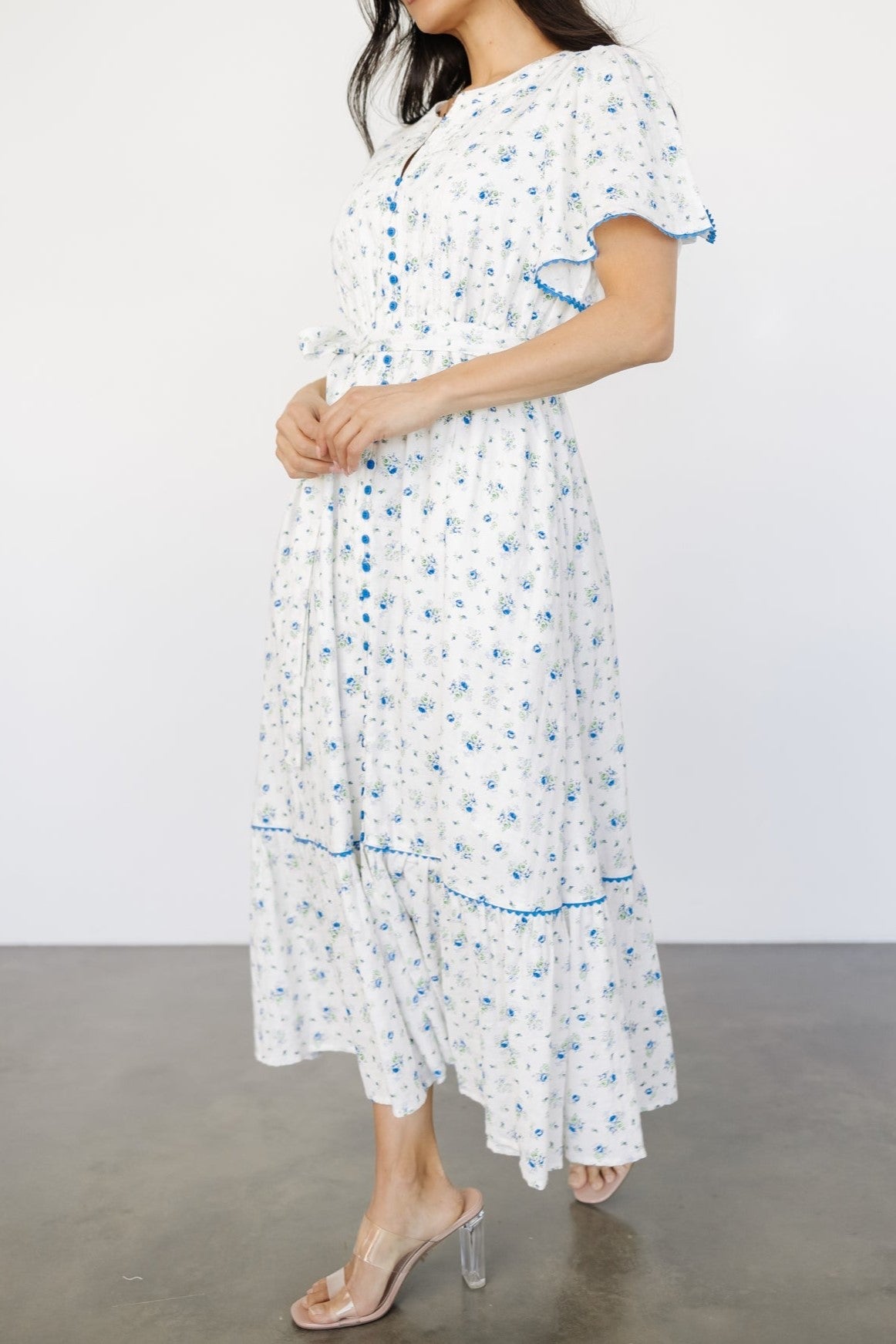 Baltic Blue And Green Florals Cotton-blend Midi Dress