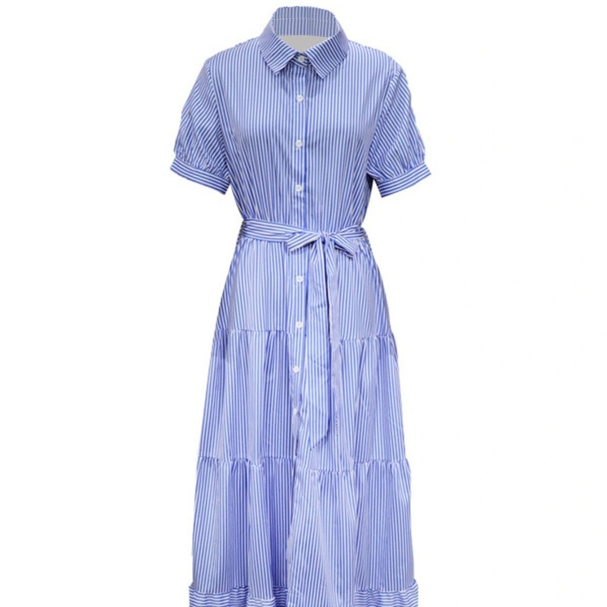 Belted Layered Striped Midi Shirt Dress