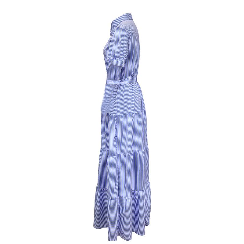 Belted Layered Striped Midi Shirt Dress