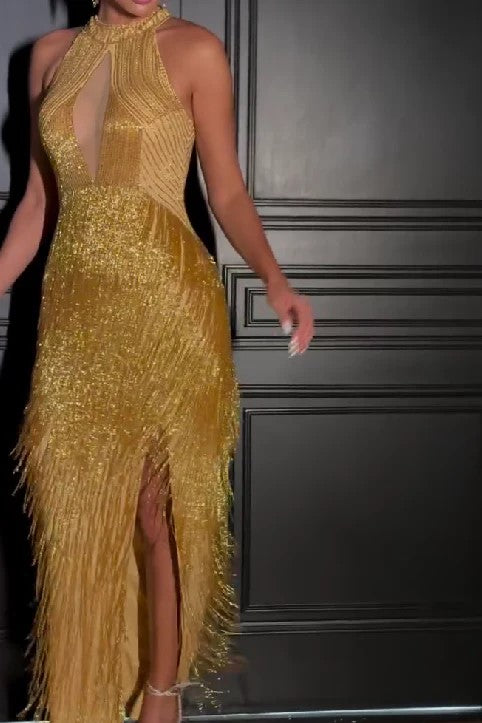 Gold Elegant Slit Strapless Dress