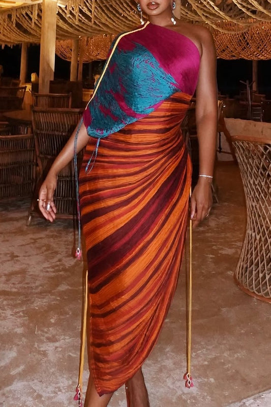 Printed Multicolor Pleated Irregular Dress