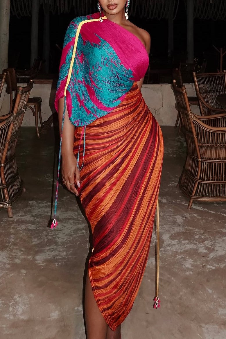 Printed Multicolor Pleated Irregular Dress