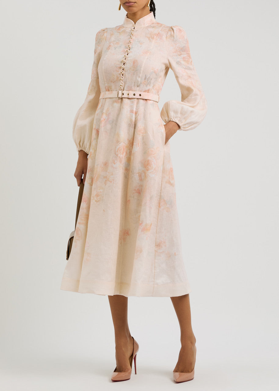 Floral Long Sleeve Linen Dress