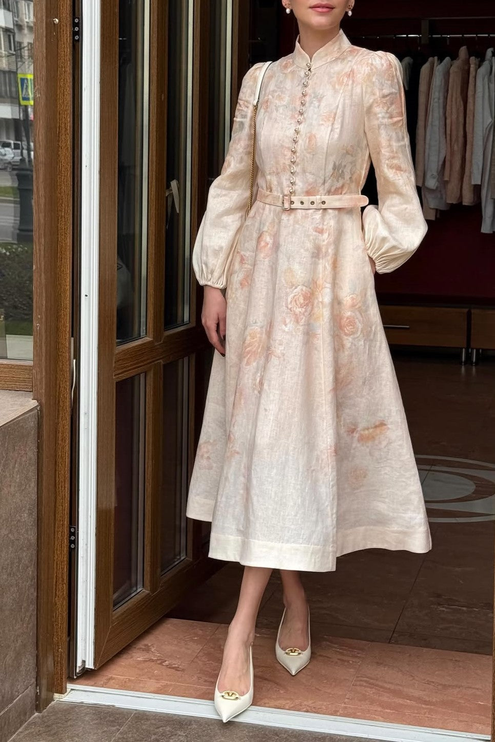 Floral Long Sleeve Linen Dress