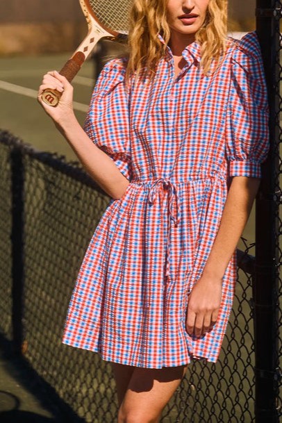 Check Puff Sleeve Mini Dress