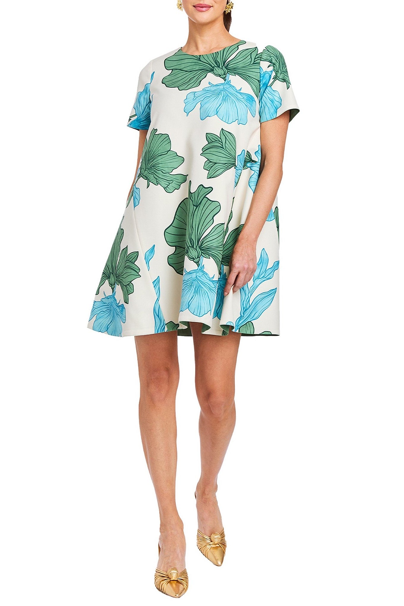 Convertible Floral Print Round Neck Short Sleeve A-Line Dress