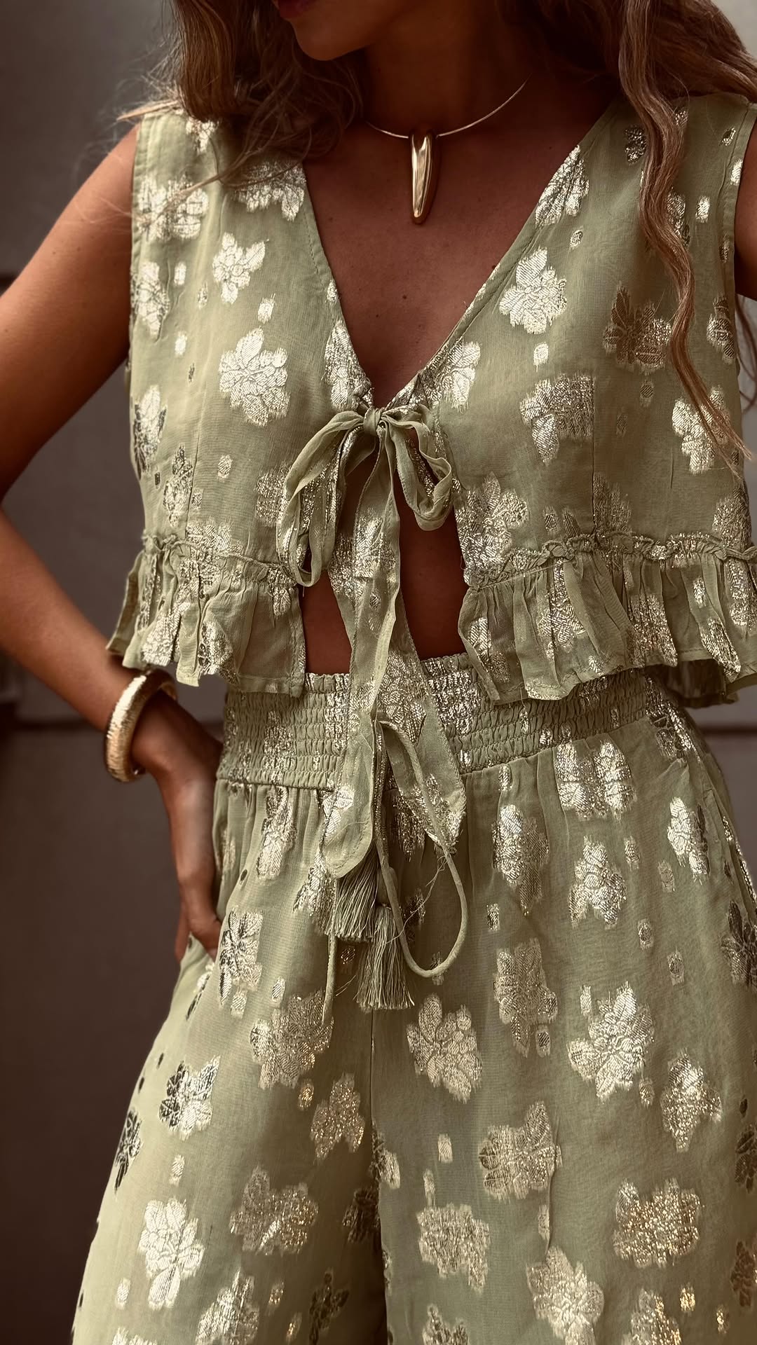 Satin Sequin And Embroidery Pleated Set