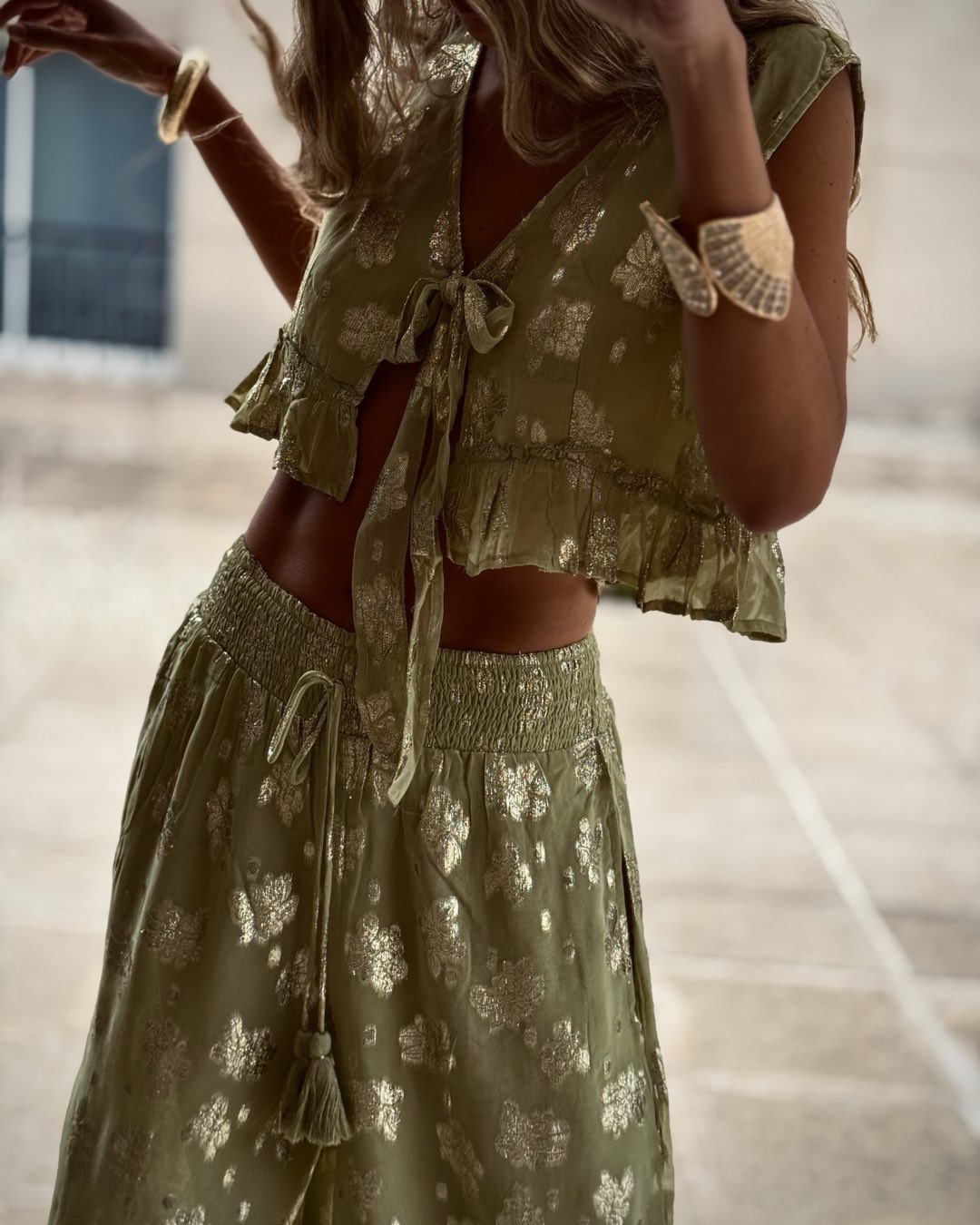 Satin Sequin And Embroidery Pleated Set