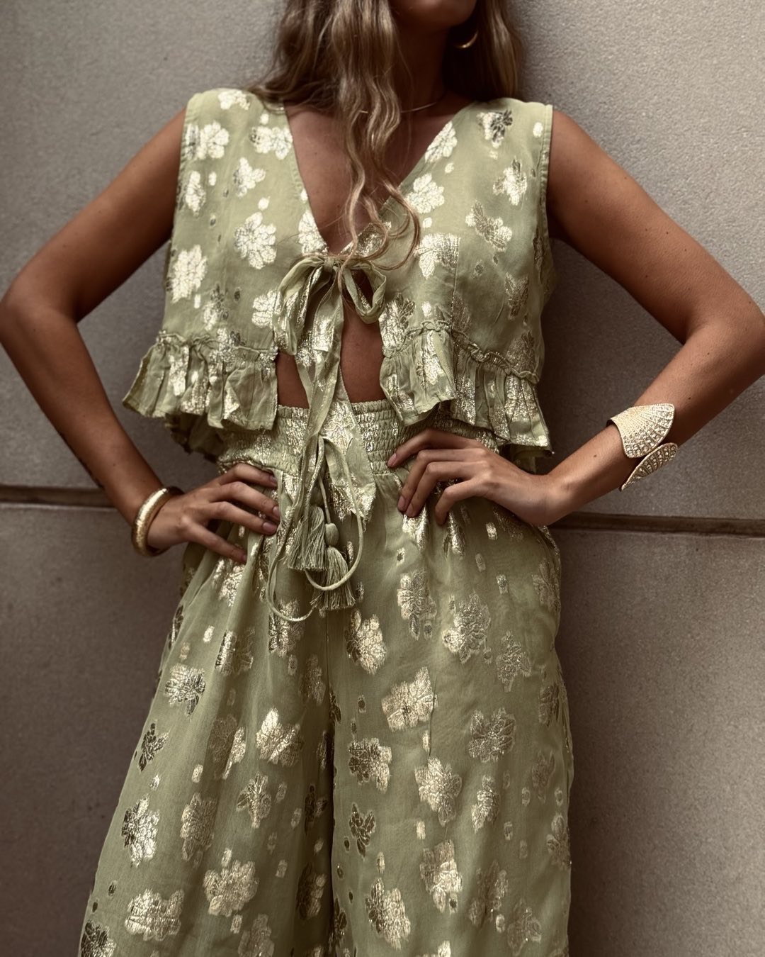 Satin Sequin And Embroidery Pleated Set