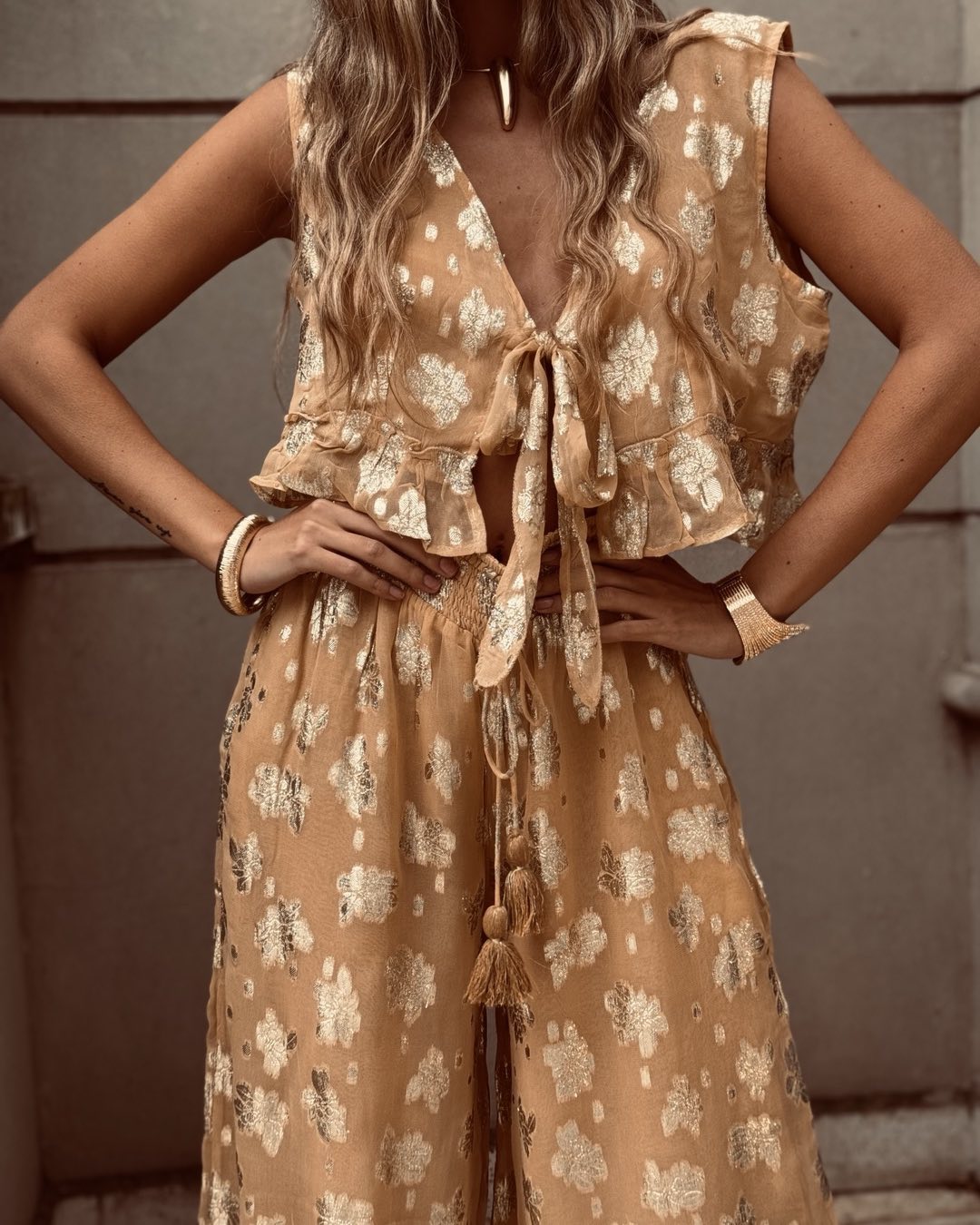 Satin Sequin And Embroidery Pleated Set