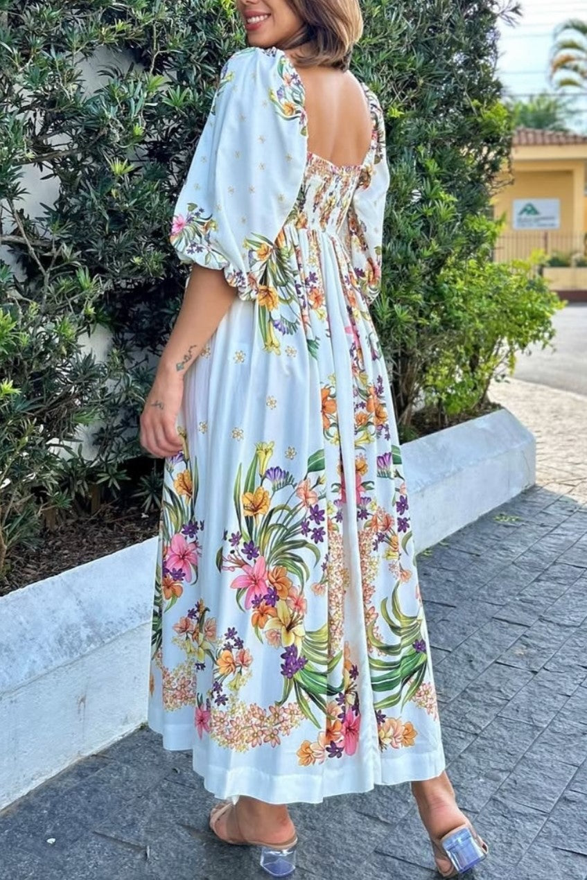Floral and bird pattern maxi dress