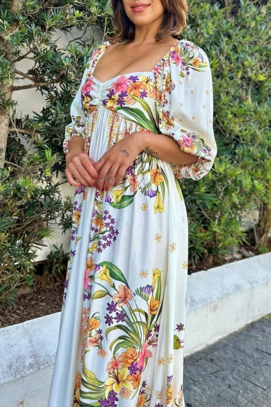 Floral and bird pattern maxi dress