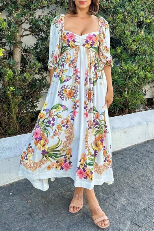 Floral and bird pattern maxi dress