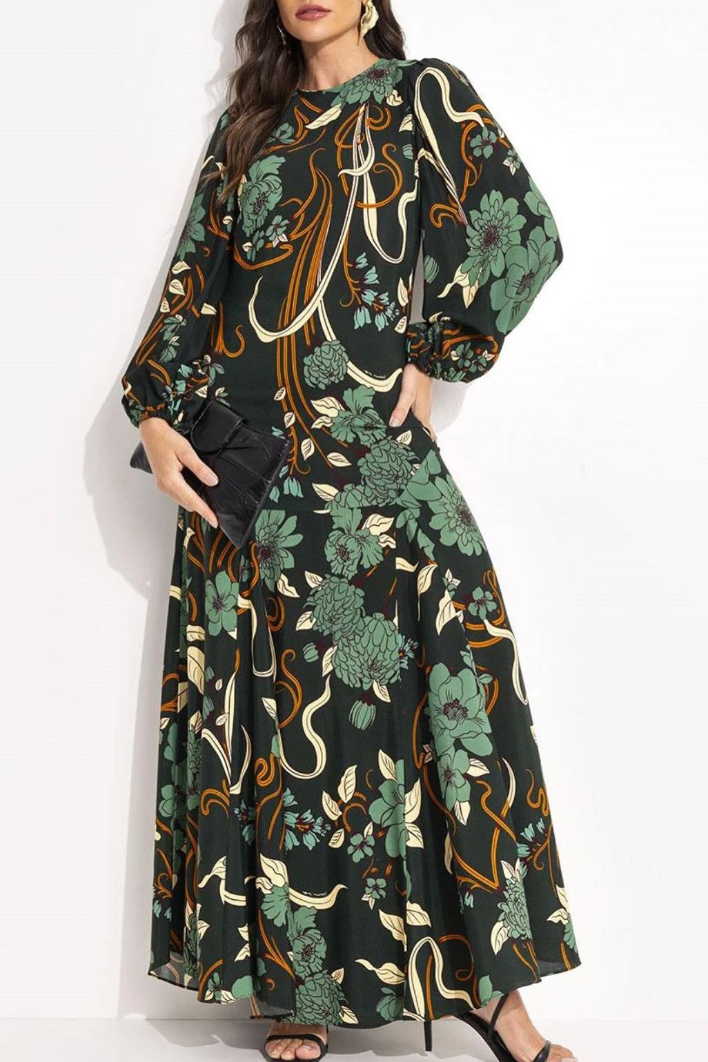 Fashion Floral Embroidery Dark Green Dress