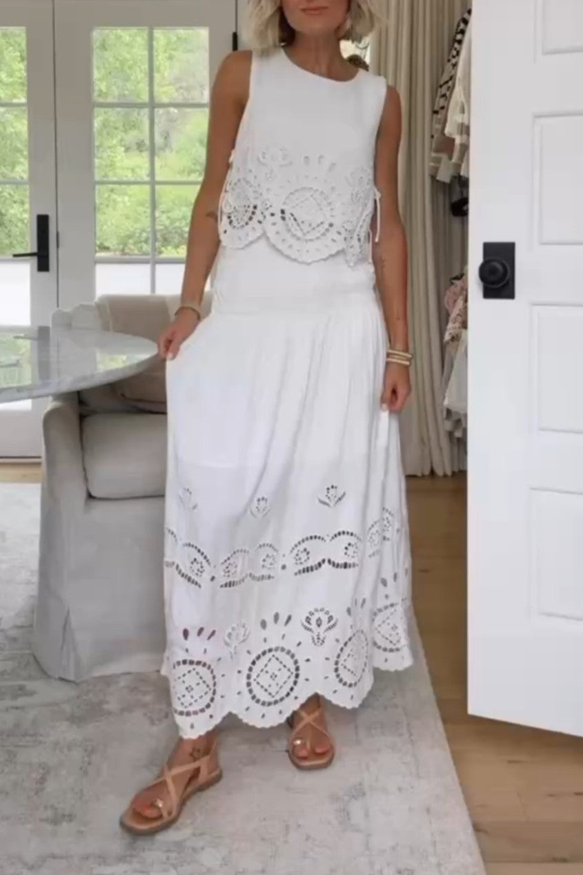 Women's Embroidered Eyelet Side-Tie Tank Set