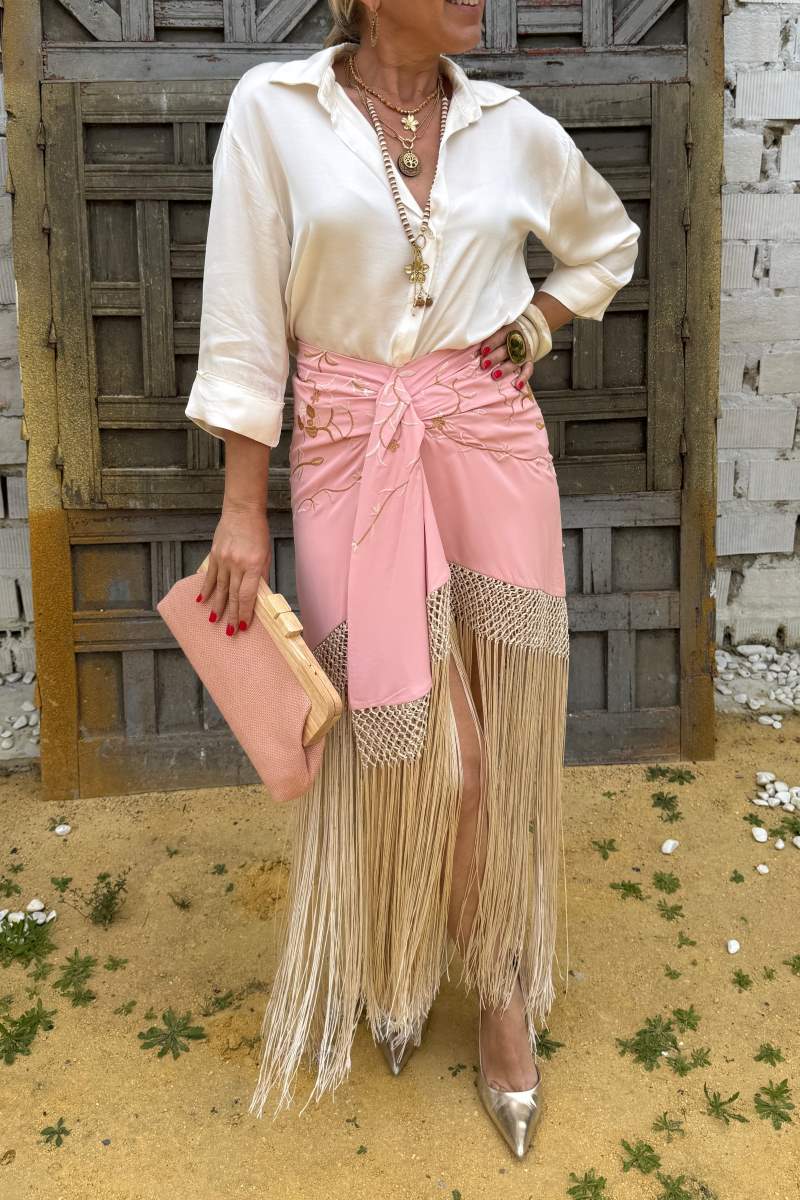 Fmbroidered Pleated Fringed skirt