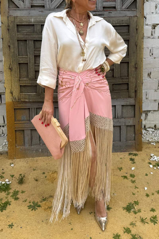 Fmbroidered Pleated Fringed skirt