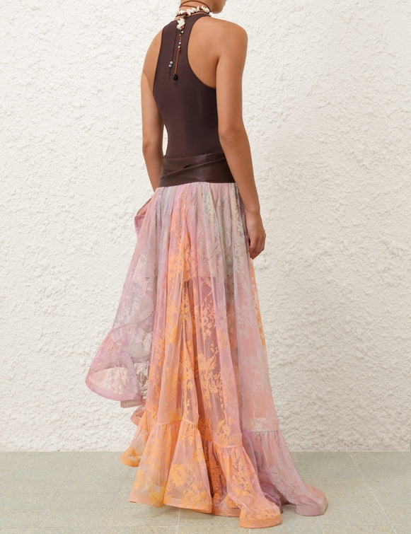 The Lace Billow Sunset Print Maxi Skirt