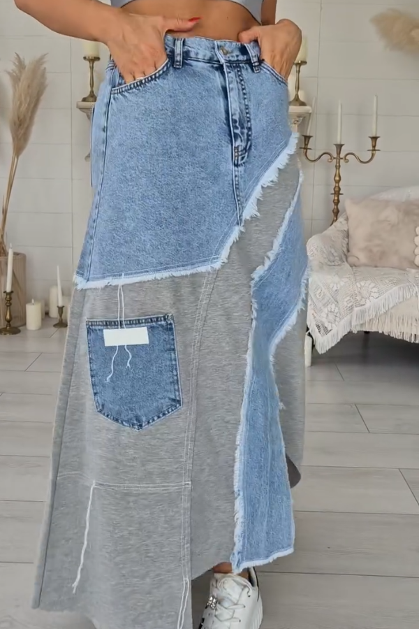 Denim irregular high waist slit skirt