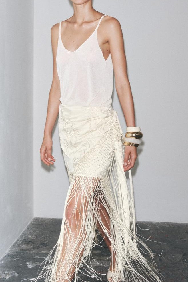 Embroidered fringed woven wrap dress