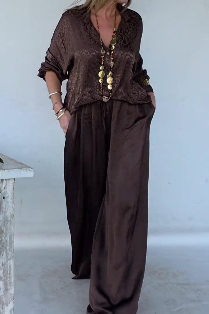 Leopard print silk top and wide-leg pants set