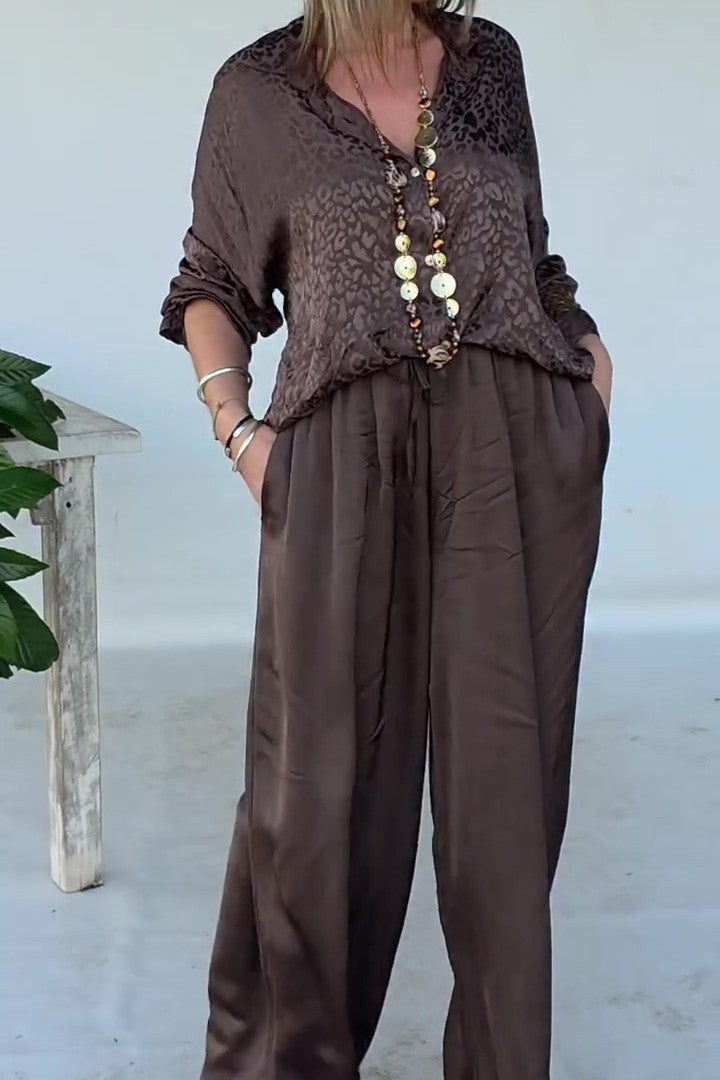 Leopard print silk top and wide-leg pants set