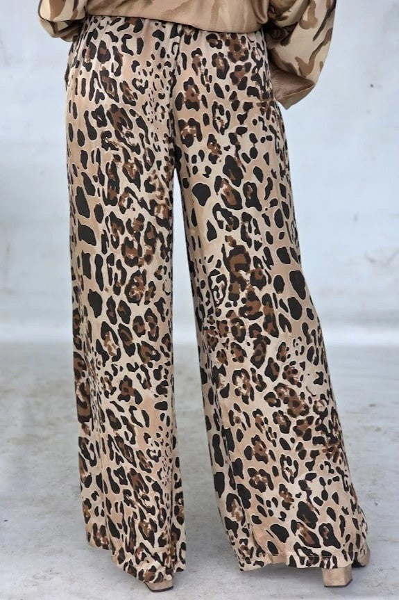Leopard print silk top and wide-leg pants set