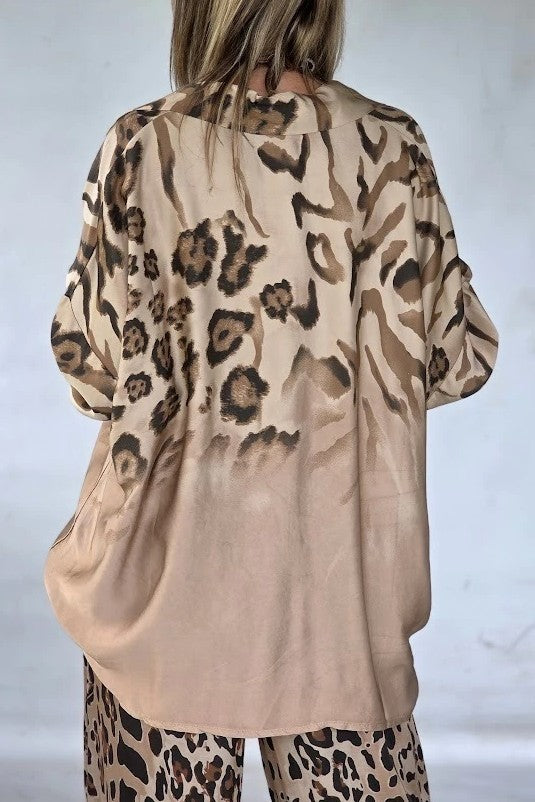 Leopard print silk top and wide-leg pants set