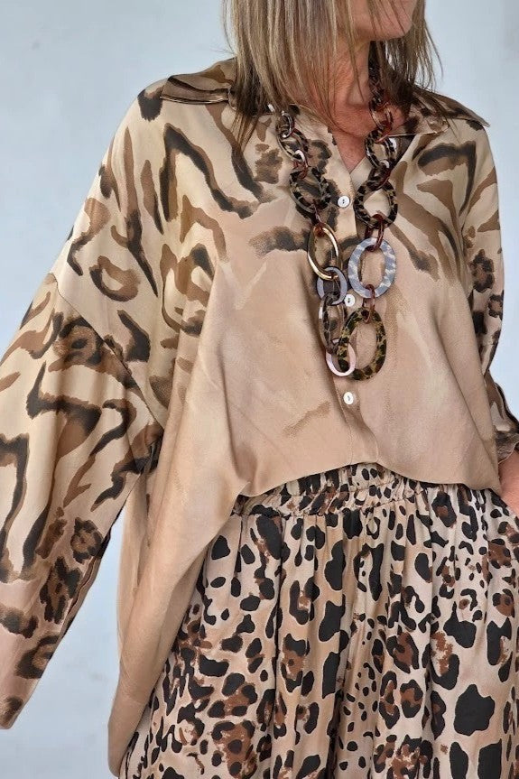 Leopard print silk top and wide-leg pants set