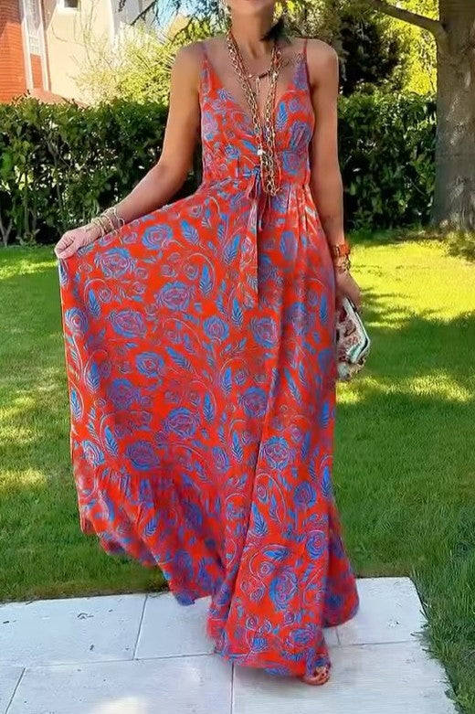 Patterned V-Neck Tie Waist Maxi Dress