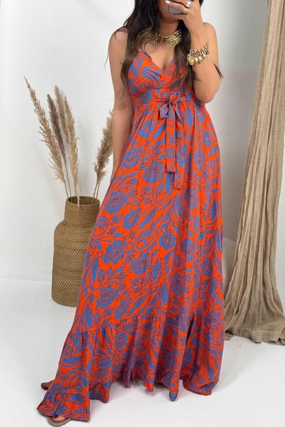 Patterned V-Neck Tie Waist Maxi Dress