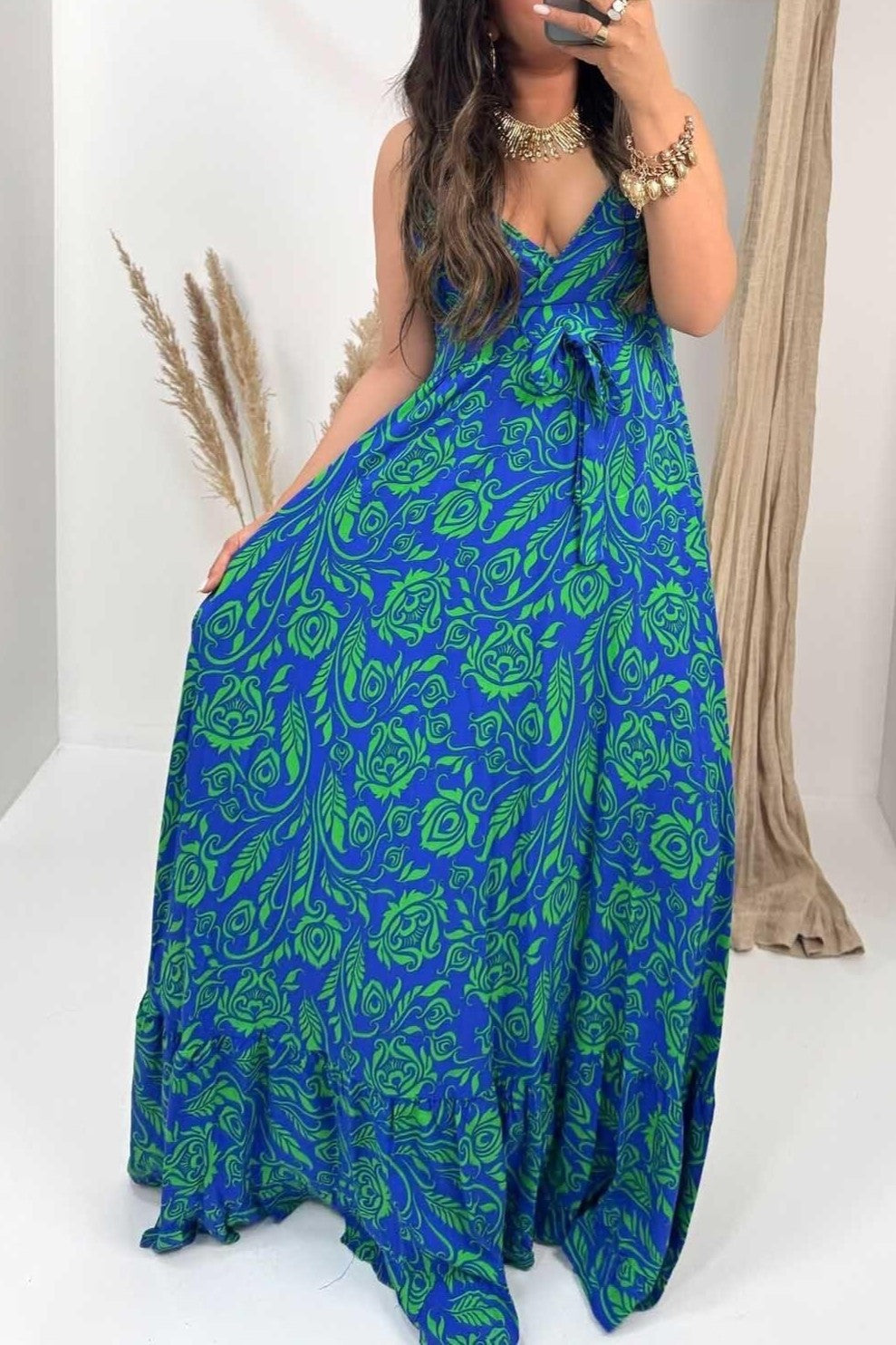Patterned V-Neck Tie Waist Maxi Dress