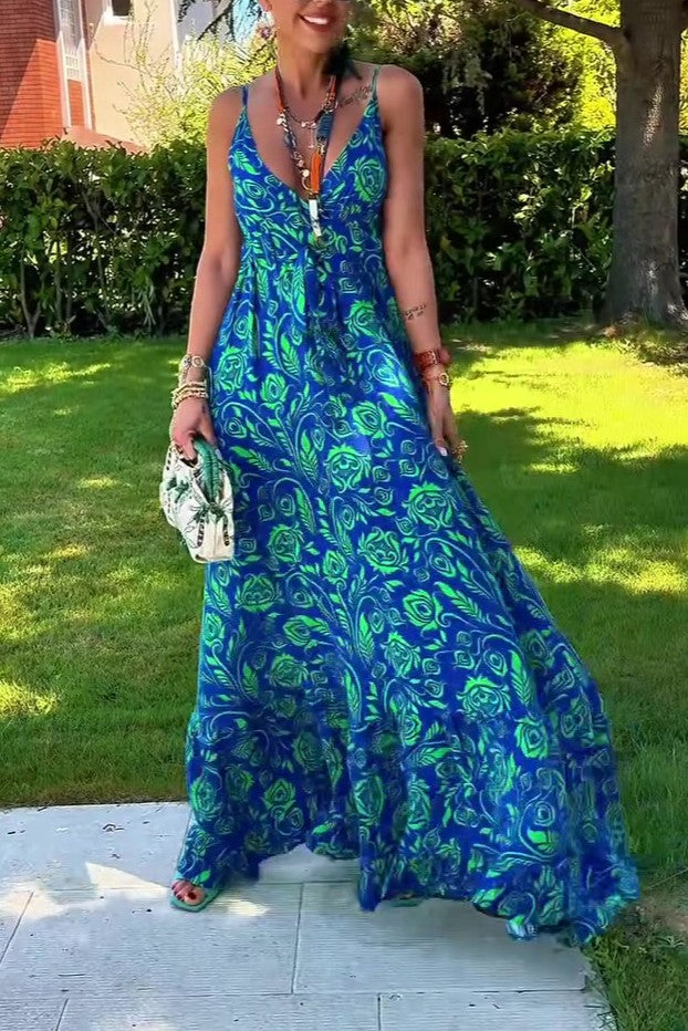 Patterned V-Neck Tie Waist Maxi Dress