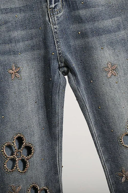 Embroidered hollow rhinestone flared Jeans