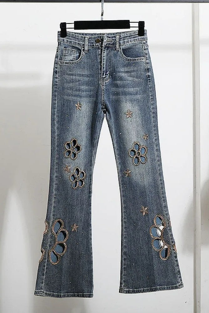 Embroidered hollow rhinestone flared Jeans