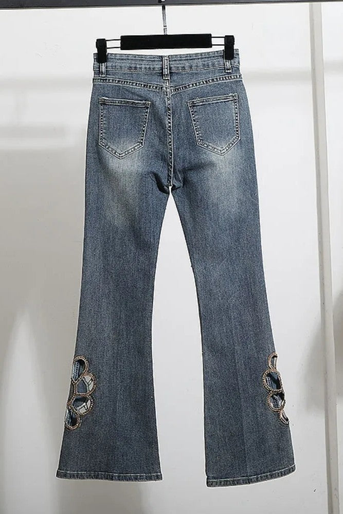 Embroidered hollow rhinestone flared Jeans